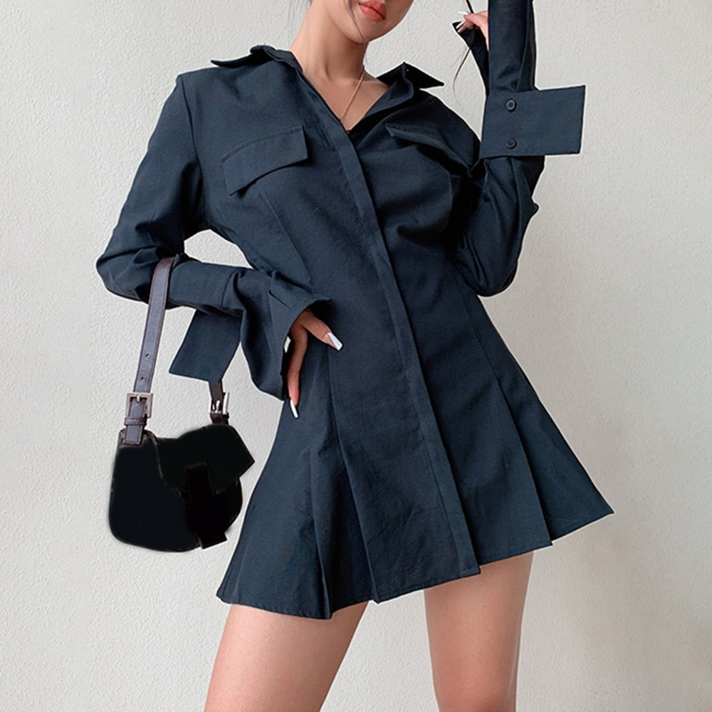 Mini Solid Shirt Dress For Women Lapel Flare Sleeve Patchwork Single Breasted Tunic Temperament Dress Female Summer