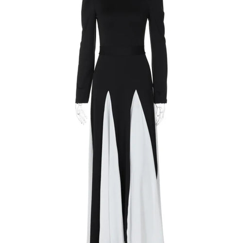 Load image into Gallery viewer, Patchwork Long Sleeve Maxi Dress For Women Autumn Winter New O Neck Color Contrast Lace-up Elegant Long Dress Fashion
