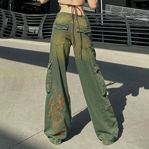 Load image into Gallery viewer, Grunge Fairycore Cargo Pants Denim Y2K Aesthetic Chic Dragon Embroidery Women Jeans Baggy Distressed Chic Trousers
