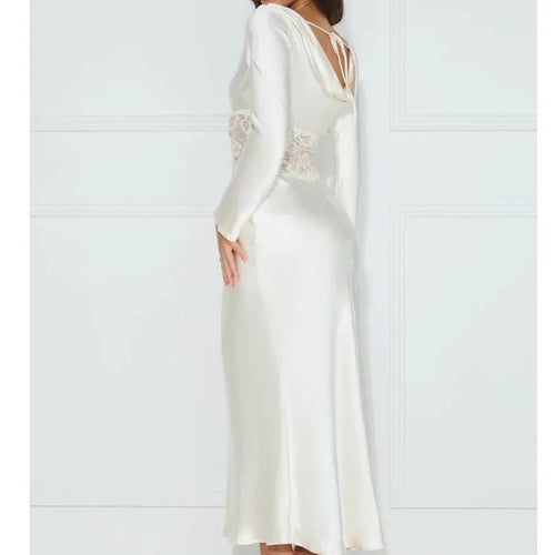 Load image into Gallery viewer, Elegant Long Sleeved Satin Lace Patchwork Dress Women Slim Fit Lace Style Party Club Evening Dress Female 2024 New
