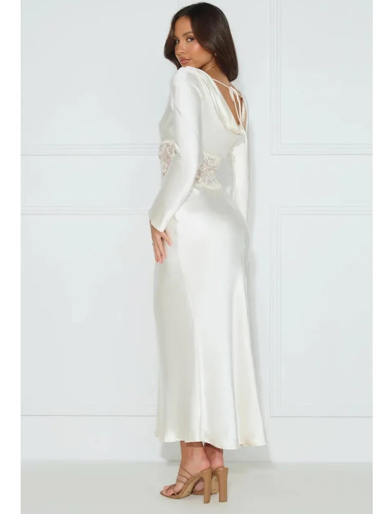 Elegant Long Sleeved Satin Lace Patchwork Dress Women Slim Fit Lace Style Party Club Evening Dress Female 2024 New