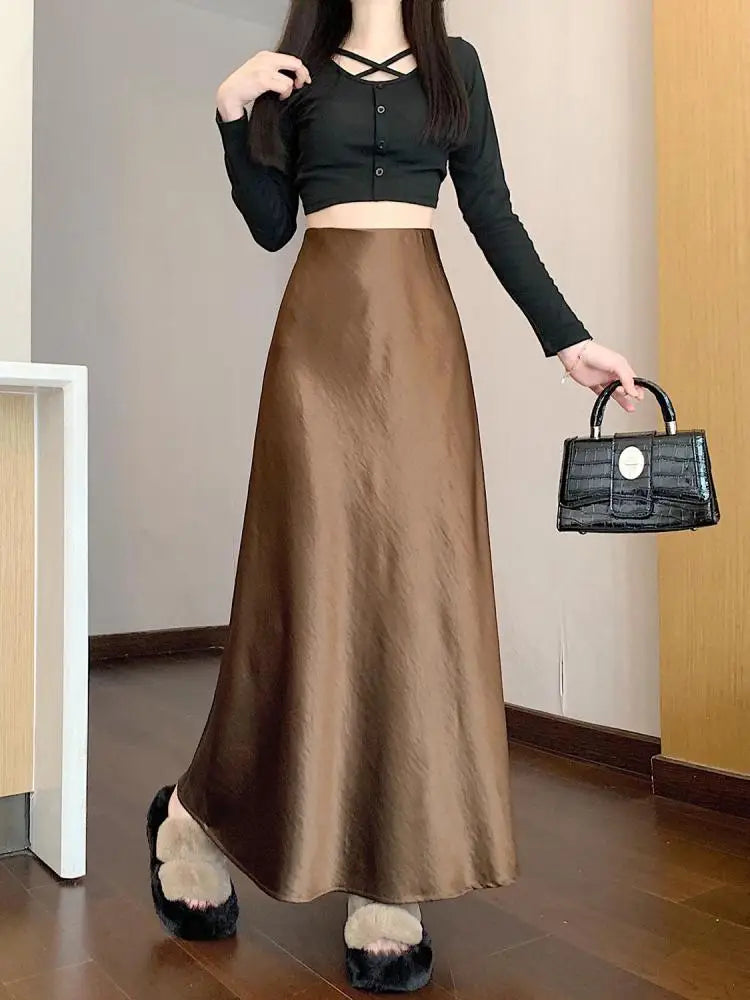 Korean Elegant Black Red Long Skirt Women Autumn Winter Brown High Waist Office Ladies Slim Straight Fishtail Skirt Trend Simple