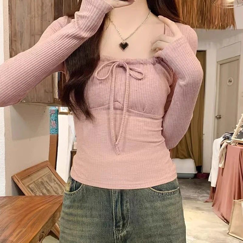 y2k Tops Women Clothes Solid Color Drawstring Chest Long Sleeve Ribbed T Shirts 2000s Aesthetic Clothing Streetwear