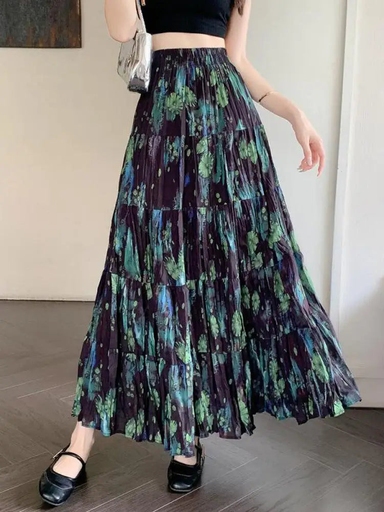 French Vintage Green Floral Ruffled High Waist Vacation Pleated Long Skirt Spring Summe Women Elegant Party Skirt Popular Trendy