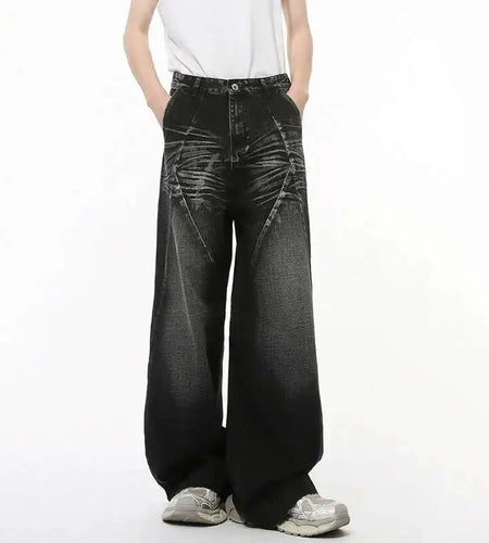 American Style Men's Denim Pants Washed Cat Whisker Three-dimensional Patchwork Straight Leg Streetwear Male Jeans 9C8202