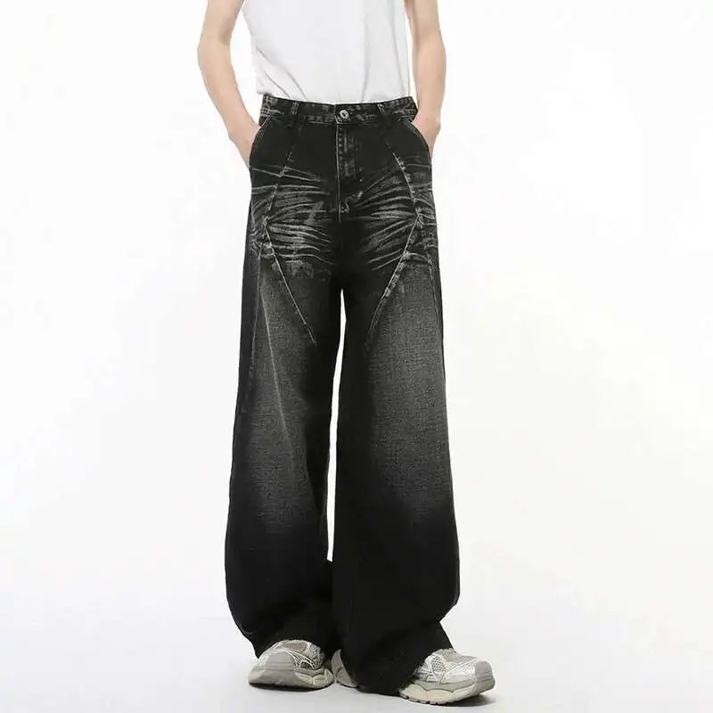 American Style Men's Denim Pants Washed Cat Whisker Three-dimensional Patchwork Straight Leg Streetwear Male Jeans 9C8202