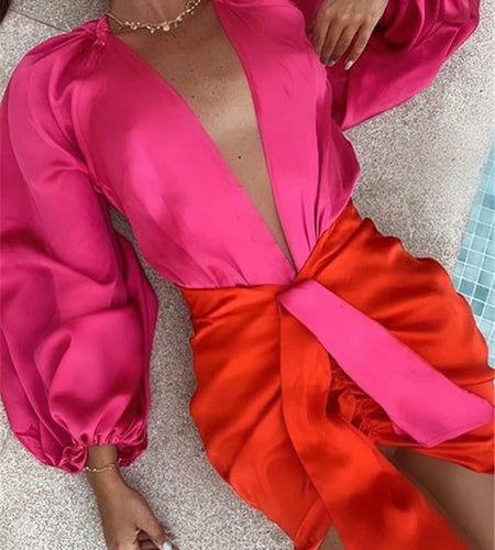 Sexy Deep V-neck Satin Two Piece Set Women Long Sleeve Top Short Skirt Sets Matching Casual Partywear Winter Women Set