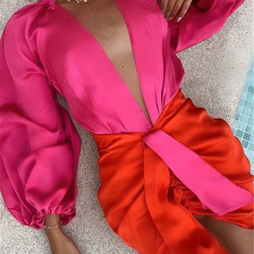 Load image into Gallery viewer, Sexy Deep V-neck Satin Two Piece Set Women Long Sleeve Top Short Skirt Sets Matching Casual Partywear Winter Women Set
