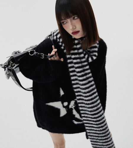 Loose Mohair Thick Sweater Women Y2k Aesthetic Knitted Punk Vintage Pullover Sueter Mujer Harajuku Skull Print Grunge Pull Femme