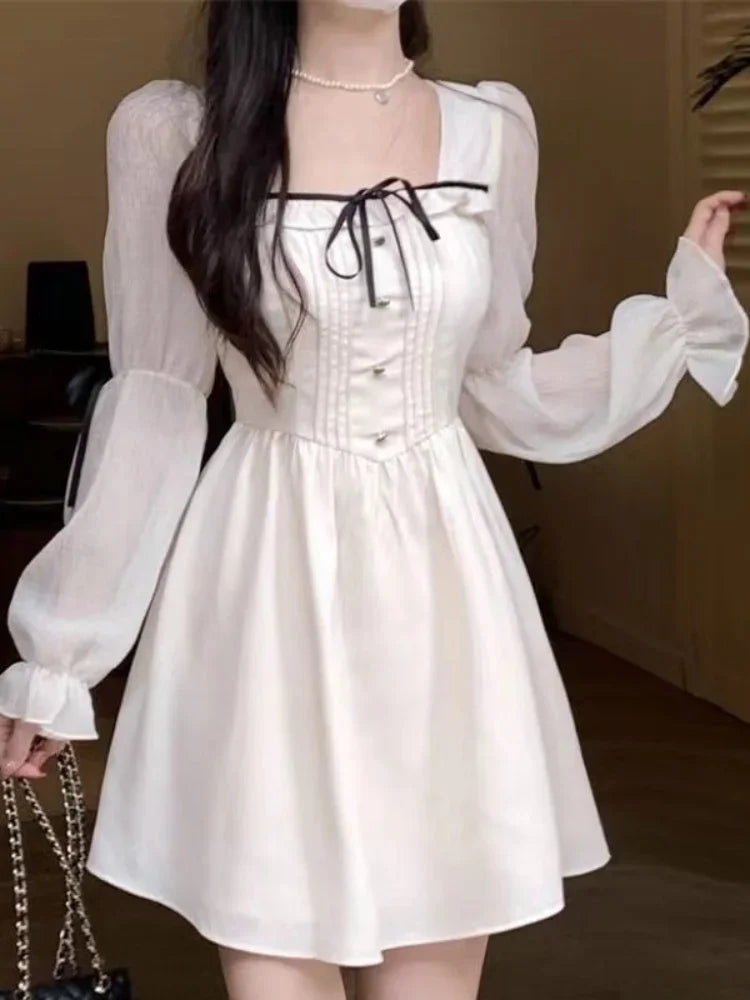 Sweet White Lolita Dress Women Vintage Elegant Bandage Wrap Fairy Princess Short Dresses Party Autumn Mori Soft Girls