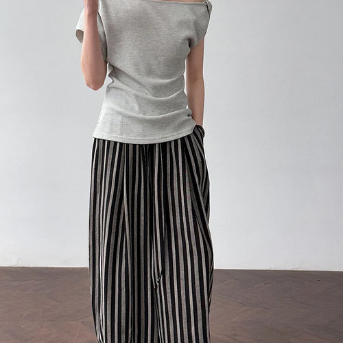 Load image into Gallery viewer, Women Navy Blue Gray Knot Irregular Elegant T-shirt New Skew Collar Sleeve Fashion Tide Spring Summer 2025 1DJ1968
