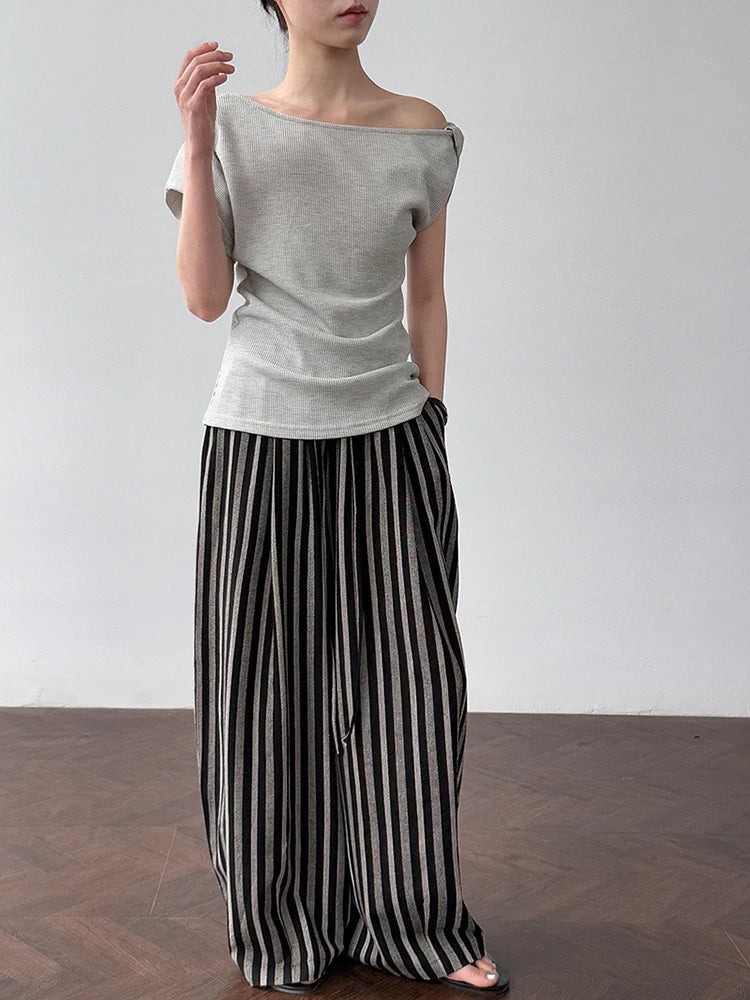 Women Navy Blue Gray Knot Irregular Elegant T-shirt New Skew Collar Sleeve Fashion Tide Spring Summer 2025 1DJ1968