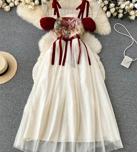 French Retro Women Beige Patchwork Mesh Embroidered Elegant High Waist Pleated Dress Summer Slim Slip Lace-up Long Dress Popular