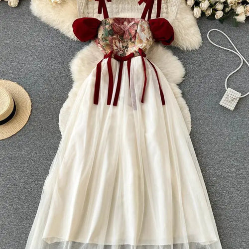 Load image into Gallery viewer, French Retro Women Beige Patchwork Mesh Embroidered Elegant High Waist Pleated Dress Summer Slim Slip Lace-up Long Dress Popular
