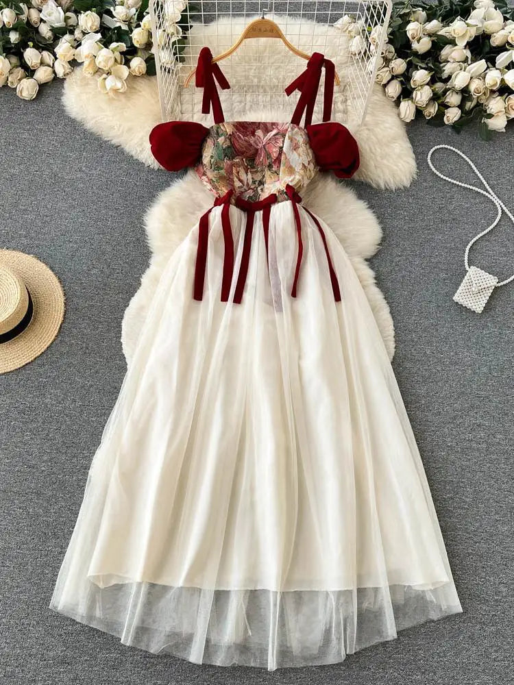 French Retro Women Beige Patchwork Mesh Embroidered Elegant High Waist Pleated Dress Summer Slim Slip Lace-up Long Dress Popular
