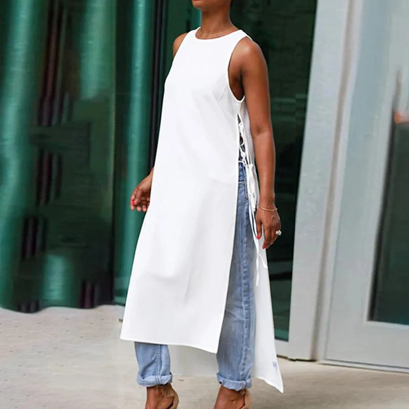 Lace-up Sleeveless Maxi Length Shirts Blouse for Women Summer High-low Split-joint Woman White Chic Long Tops
