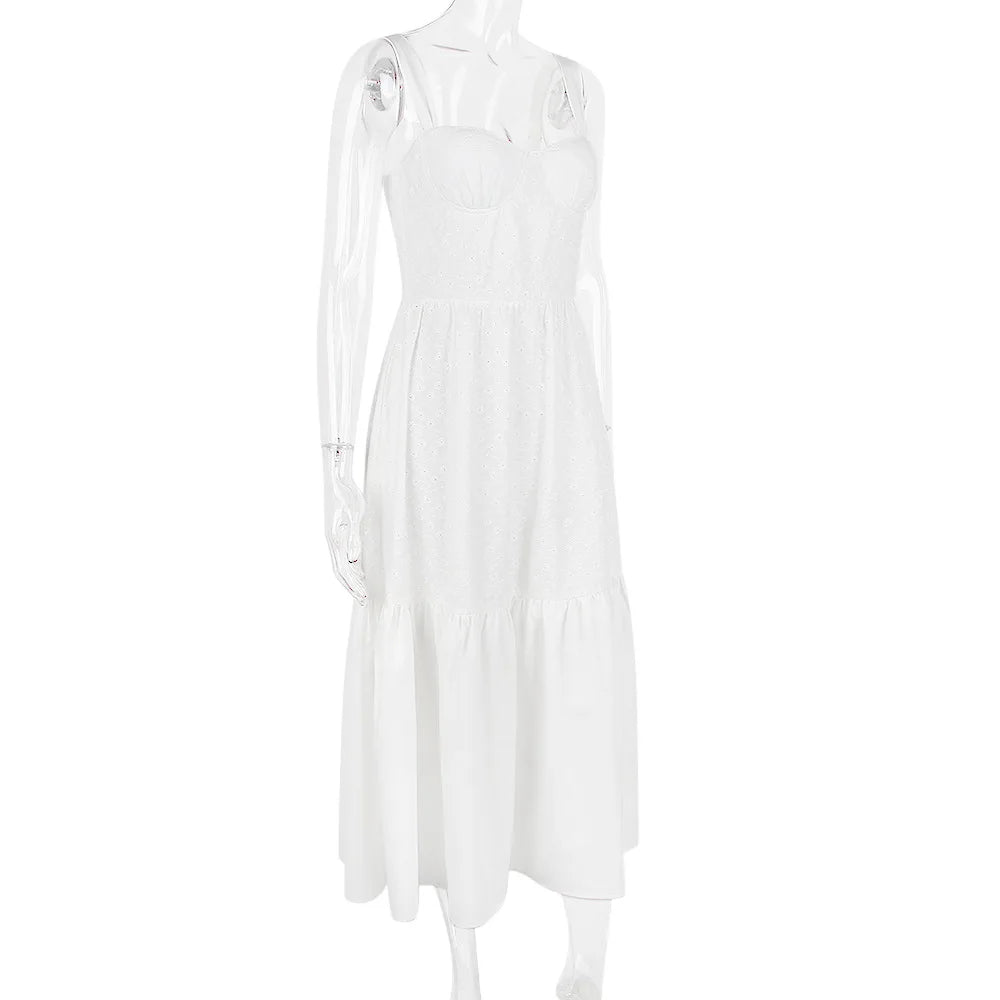 Elegant White Spaghetti Strap Midi Dress For Women Fashion Strapless Sleeveless Backless A-line Club Party Dress