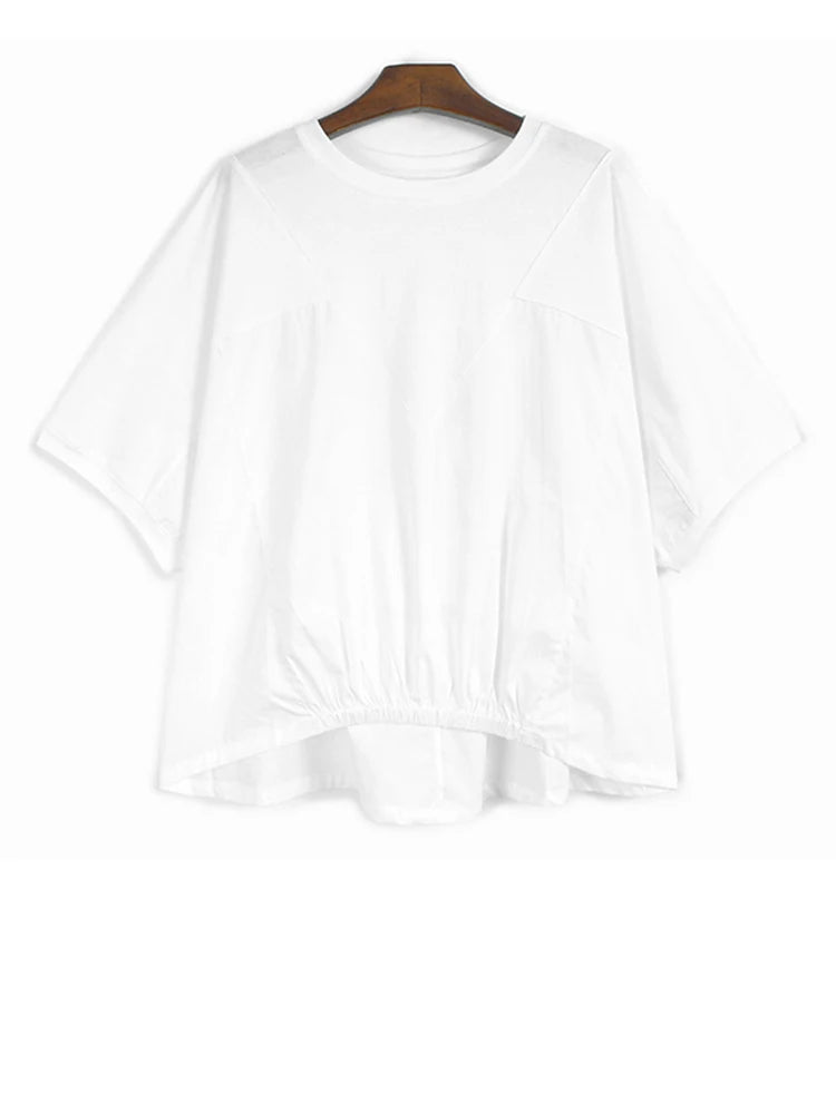 Women Black Irregular Spliced Big Size T-shirt New Round Neck Short Batwing Sleeve Fashion Tide Spring Summer 2025 1DJ1440