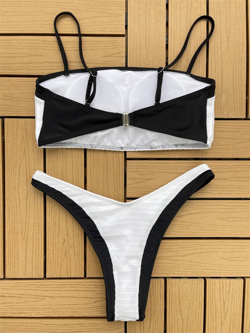 White Black Bandeau Bikini 2024 Female Brazilian Bikini Set Solid High Waist Swimwear Women Bathing Suit For Women