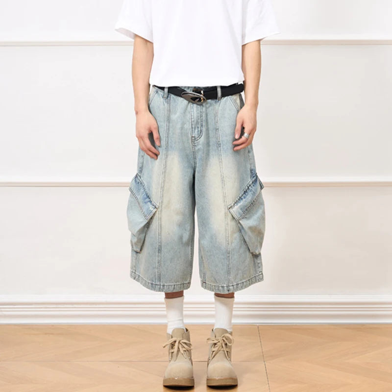 Men's Jeans New American Style Distressed Washed Multi Pockets Trendy Straight Leg Stylish Male Casual Bottoms 9W1910