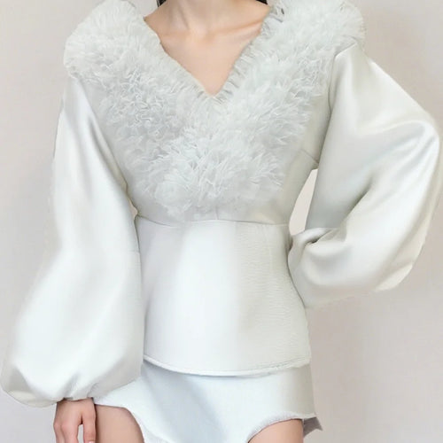 Load image into Gallery viewer, Solid Spliced Fungus Folds Fashion Jackets for Women V Neck Long Sleeves Tunic Temperament Jacket Female Clothing
