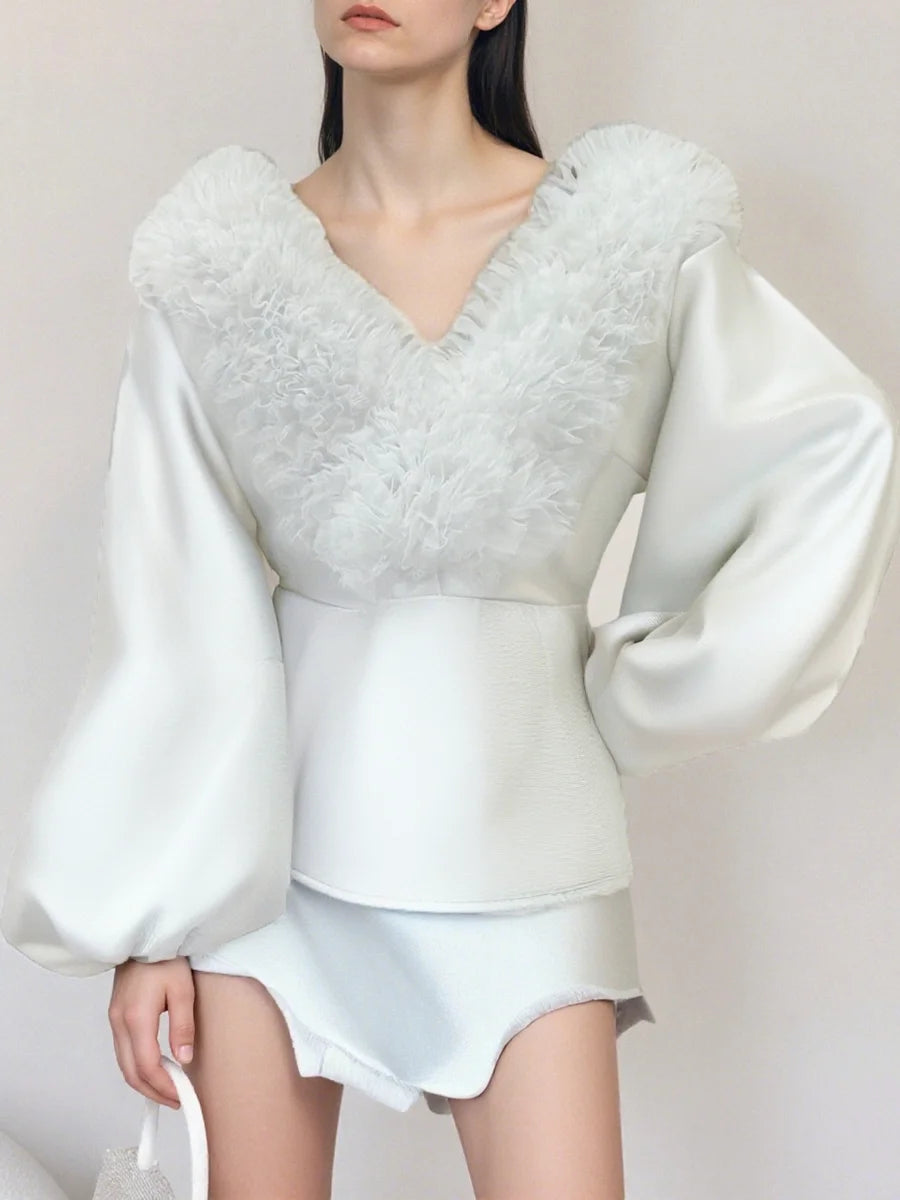 Solid Spliced Fungus Folds Fashion Jackets for Women V Neck Long Sleeves Tunic Temperament Jacket Female Clothing