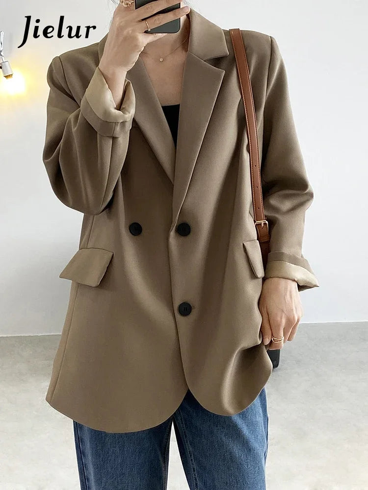 Double Breasted Oversized Black Blazer Women Autumn Winter Drape Solid Color Loose Suit Jacket Office Lady