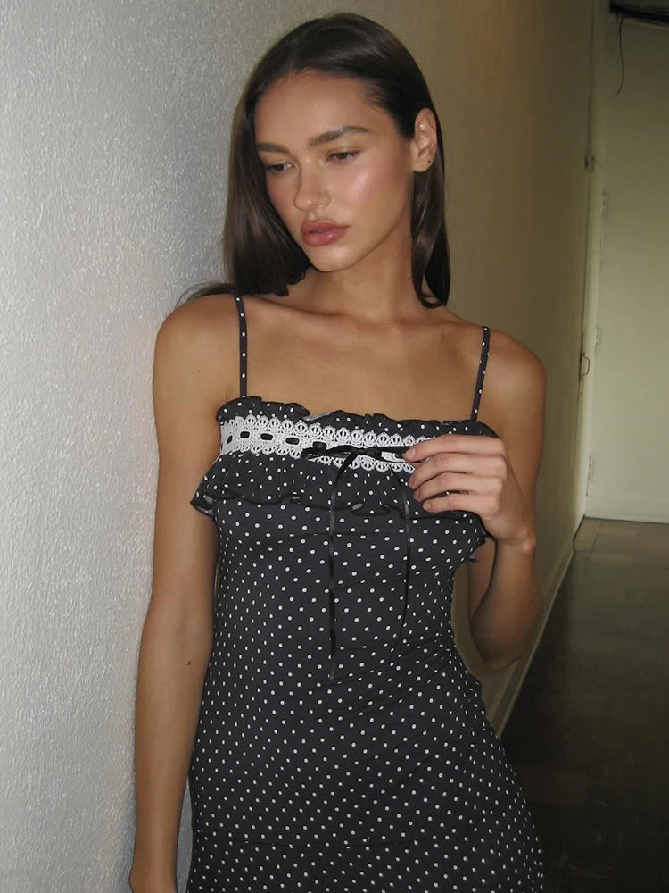Spaghetti Strap Polka Dot Mini Dress For Women Robe Contrast Color Off-shoulder Sleeveless Backless Club Party Dress