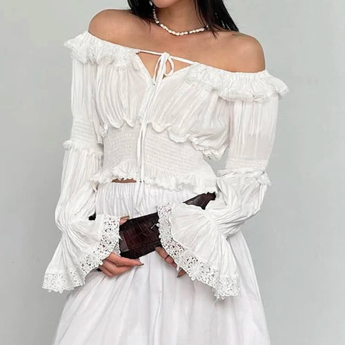 Load image into Gallery viewer, Y2K Aesthetics Ruffles Edge Slash Neck Blouses For Women Chic Lace Patchwork White Autumn Shirts French Ruffles Beach
