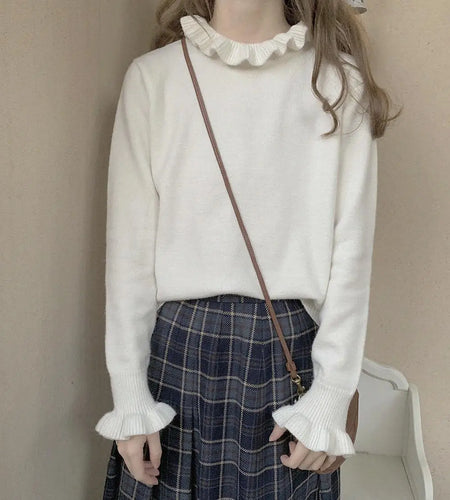 Basic Sweater Pullover Women Japan Korean Ruffle Turtleneck  Sweet Base Knit Tops Fashion Solid Y2k Cute Jumper