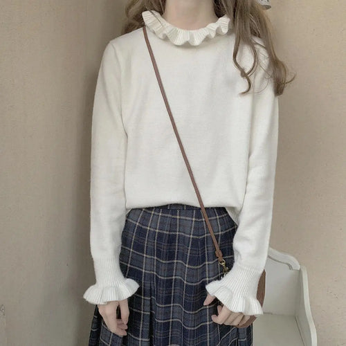 Load image into Gallery viewer, Basic Sweater Pullover Women Japan Korean Ruffle Turtleneck  Sweet Base Knit Tops Fashion Solid Y2k Cute Jumper
