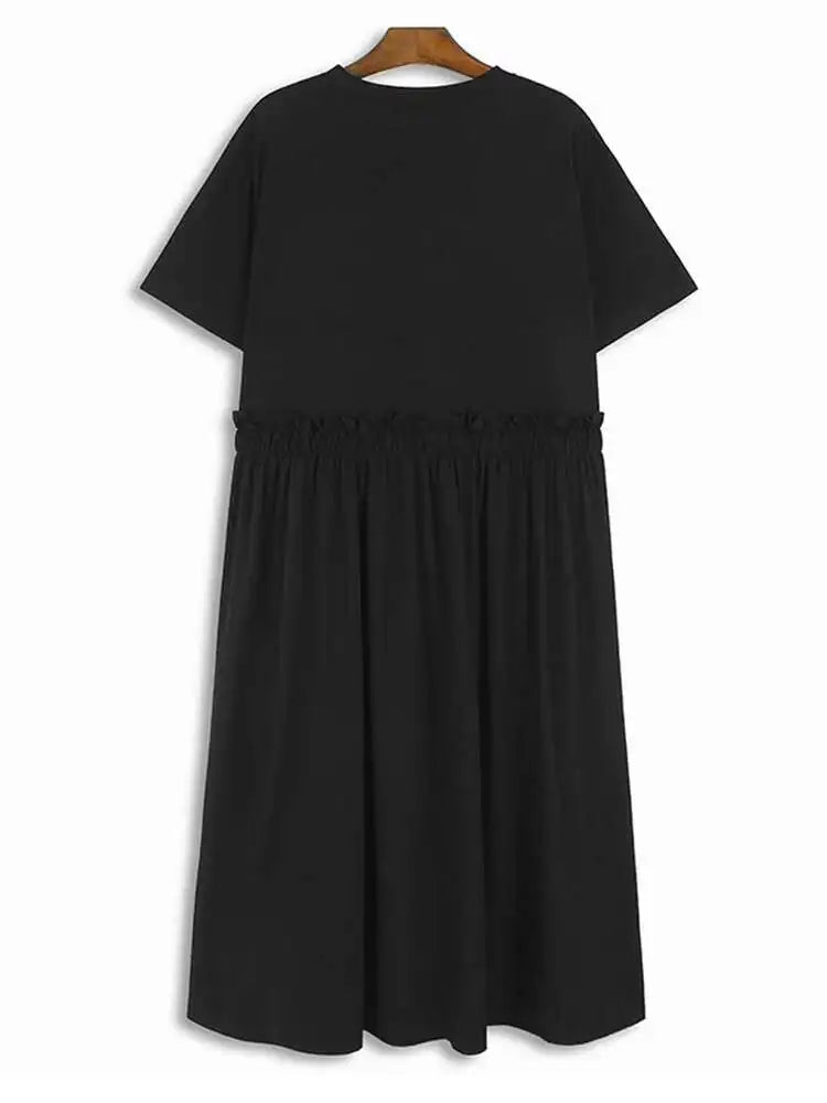 Women Black Pleated Drawstring Big Size Midi Dress New Round Neck Short Sleeve Fashion Tide Spring Summer 2025  1DH6181
