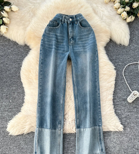 Spring Korean Fashion Vintage Blue Patchwork High Waist Straight Denim Pant Women Loose Wide Leg Jeans Ankle-length Trousers Y2k