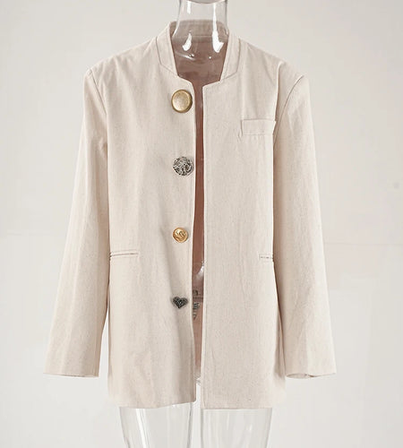 Women Beige Design Buttons Big Size Elegant Blazer New Stand Collar Long Sleeve Jacket Fashion Spring Autumn 2025  CPG1920
