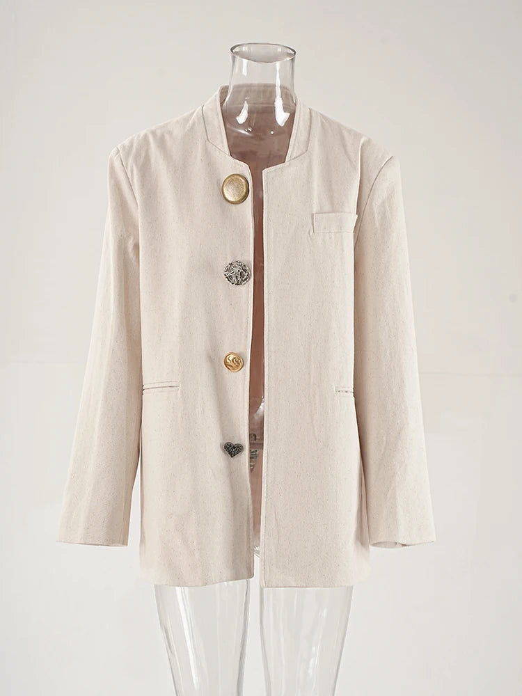 Women Beige Design Buttons Big Size Elegant Blazer New Stand Collar Long Sleeve Jacket Fashion Spring Autumn 2025  CPG1920