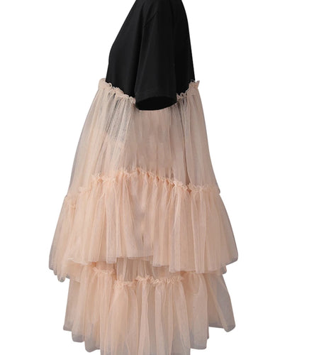 Women Black Mesh Color-block Big Size Knee-Length Dress New Round Neck Short Sleeve Fashion Spring Summer 2025 CPG3040