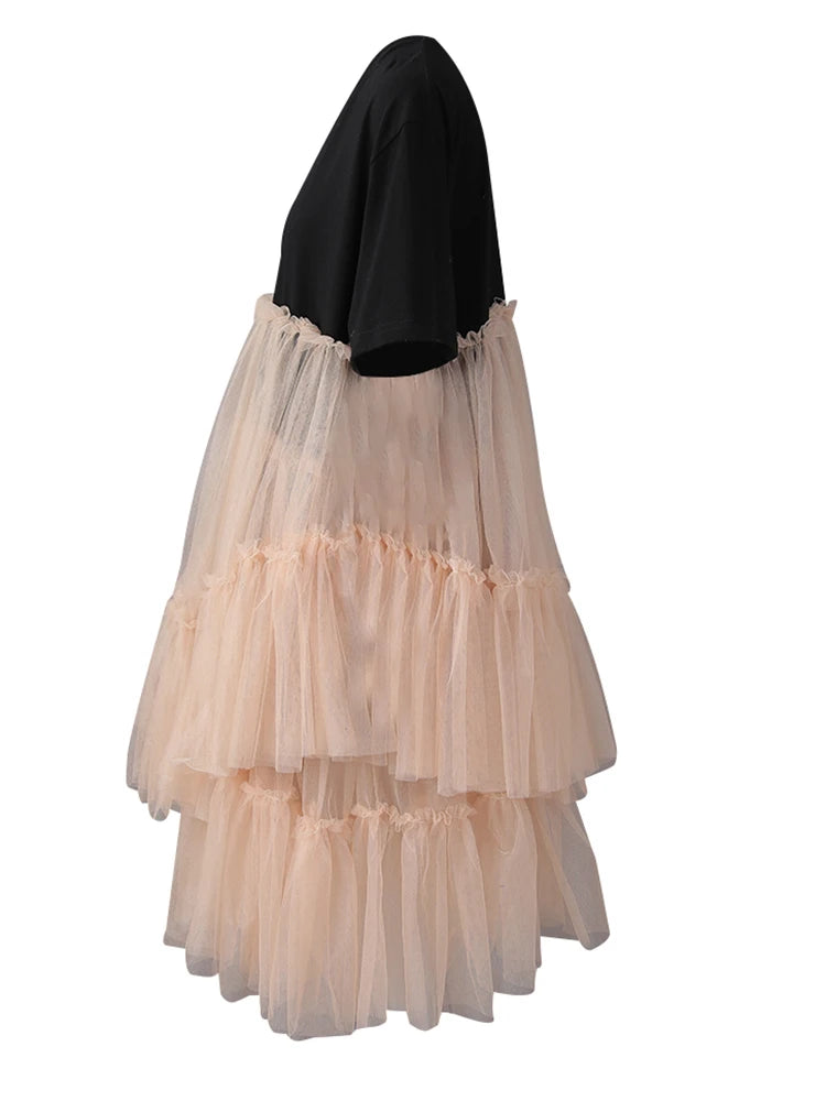 Women Black Mesh Color-block Big Size Knee-Length Dress New Round Neck Short Sleeve Fashion Spring Summer 2025 CPG3040