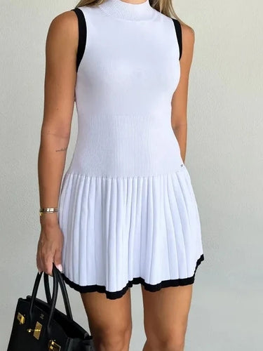 Load image into Gallery viewer, Elegant Sleeveless Knitted Sweater Dress Women Elastic Slim Short Skirt Pleated Female Summer 2024 New Vacation Vestidos
