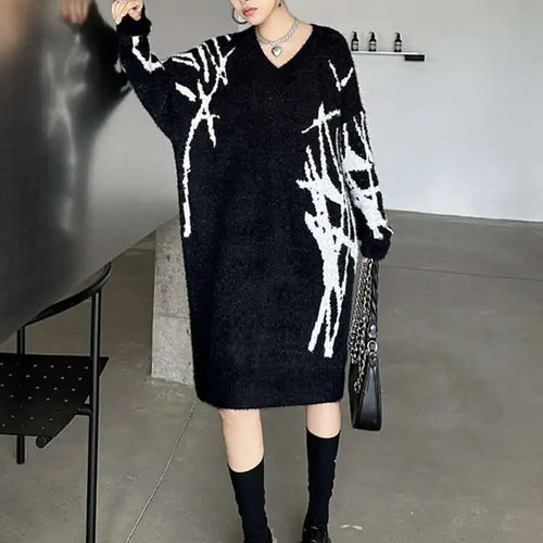 Load image into Gallery viewer, Women Black Pattern Thick Warm Big Size Sweater Dress New V-Neck Long Sleeve Fashion Tide Spring Autumn 2025 1DH8735

