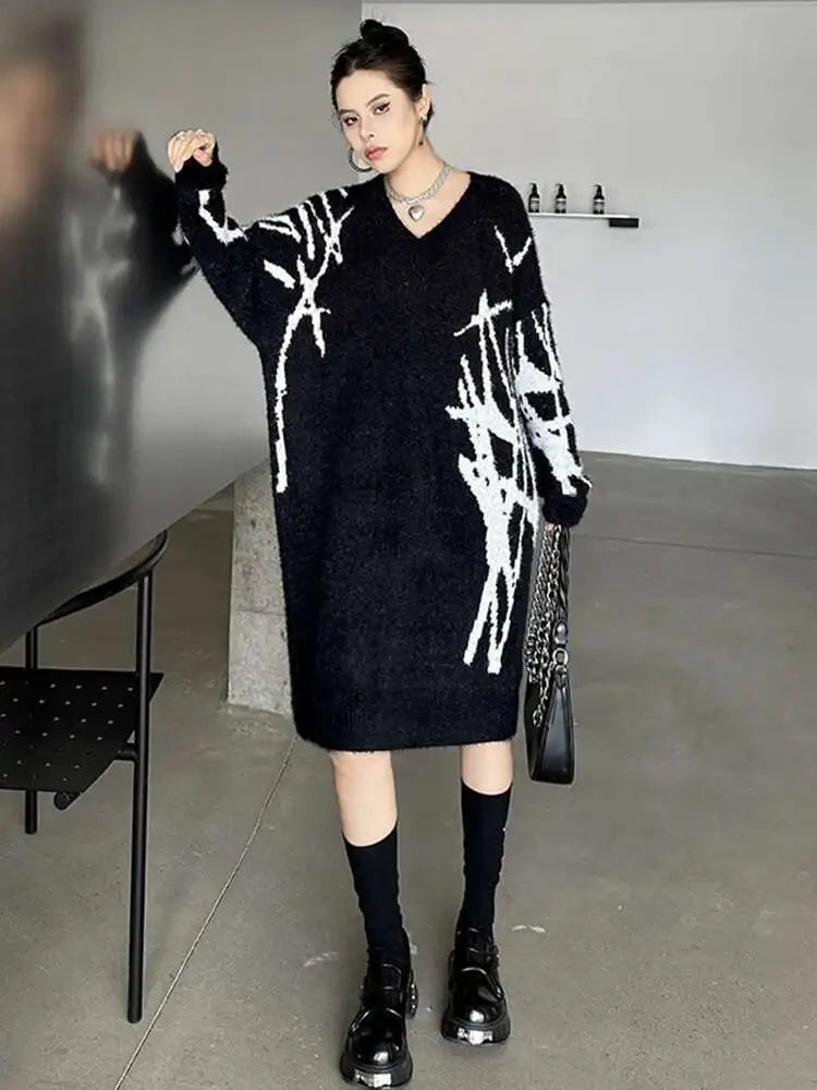 Women Black Pattern Thick Warm Big Size Sweater Dress New V-Neck Long Sleeve Fashion Tide Spring Autumn 2025 1DH8735