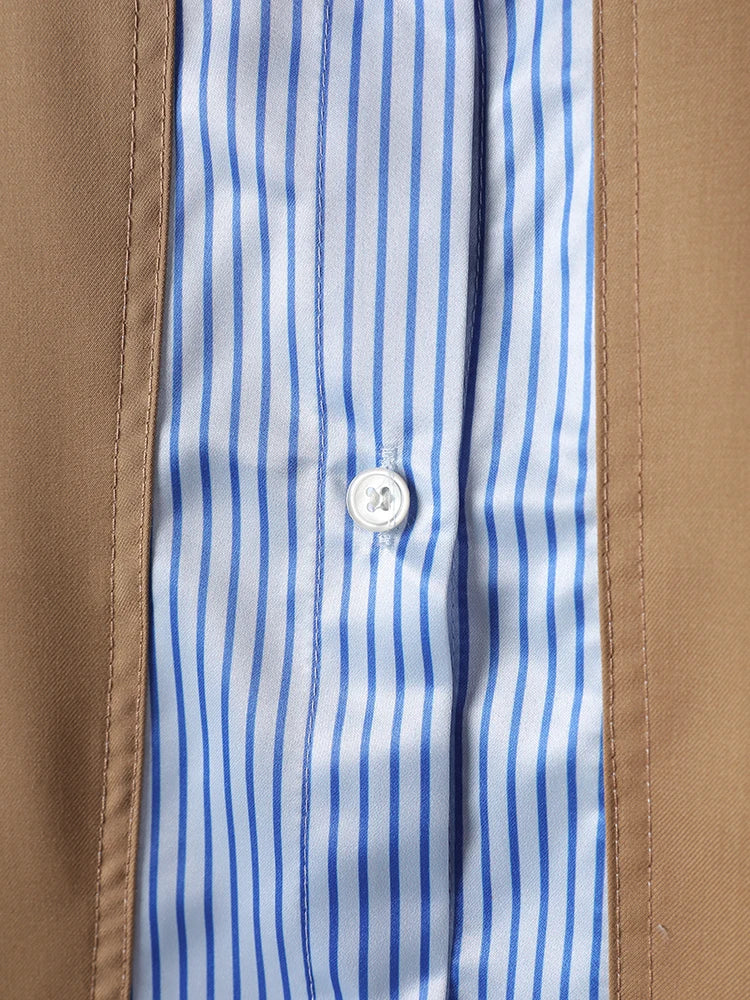 Women Khaki Striped Color-block Big Size Casual Blouse New Lapel Long Sleeve Shirt Fashion Tide Spring Autumn 2025 7AB8930