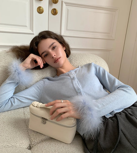 Brand New Chic Detachable Feather Long Sleeve Sweater Cardigan Short Black Fashion Coat Women Autumn Tops  B-013