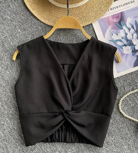 Women Clothing Summer Black V-neck Short Vest Ladies Casual Versatile White Sleeveless Pleated Tank Tops Simplicity Popular Chic