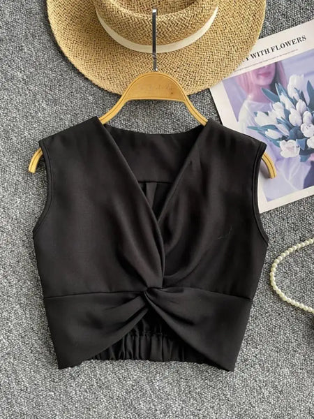 Women Clothing Summer Black V-neck Short Vest Ladies Casual Versatile White Sleeveless Pleated Tank Tops Simplicity Popular Chic