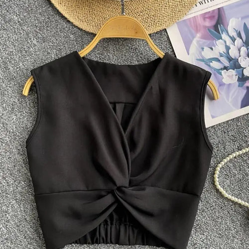 Load image into Gallery viewer, Women Clothing Summer Black V-neck Short Vest Ladies Casual Versatile White Sleeveless Pleated Tank Tops Simplicity Popular Chic
