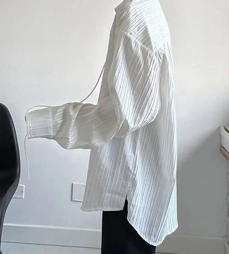 Women White Big Size Bandage Blouse New Round Neck Long Sleeve Loose Fit Shirt Fashion Tide Spring Autumn 2025 1DH1737