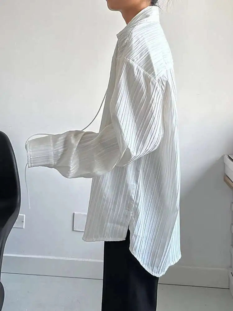 Women White Big Size Bandage Blouse New Round Neck Long Sleeve Loose Fit Shirt Fashion Tide Spring Autumn 2025 1DH1737