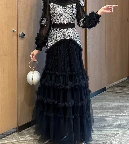 Solid Spliced Bead Luxurious Dresses for Women O Neck Long Sleeves High Waist Sheer Patchwork Fungus Dress Female