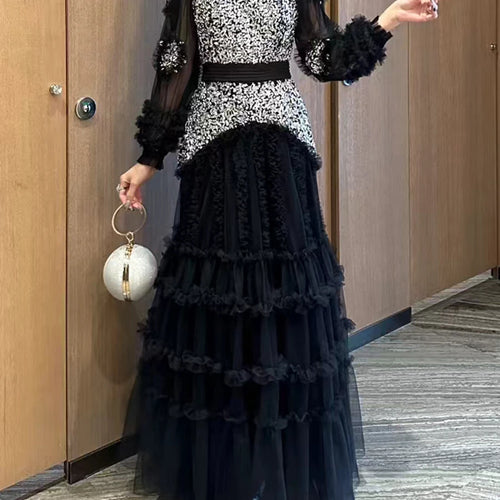 Load image into Gallery viewer, Solid Spliced Bead Luxurious Dresses for Women O Neck Long Sleeves High Waist Sheer Patchwork Fungus Dress Female
