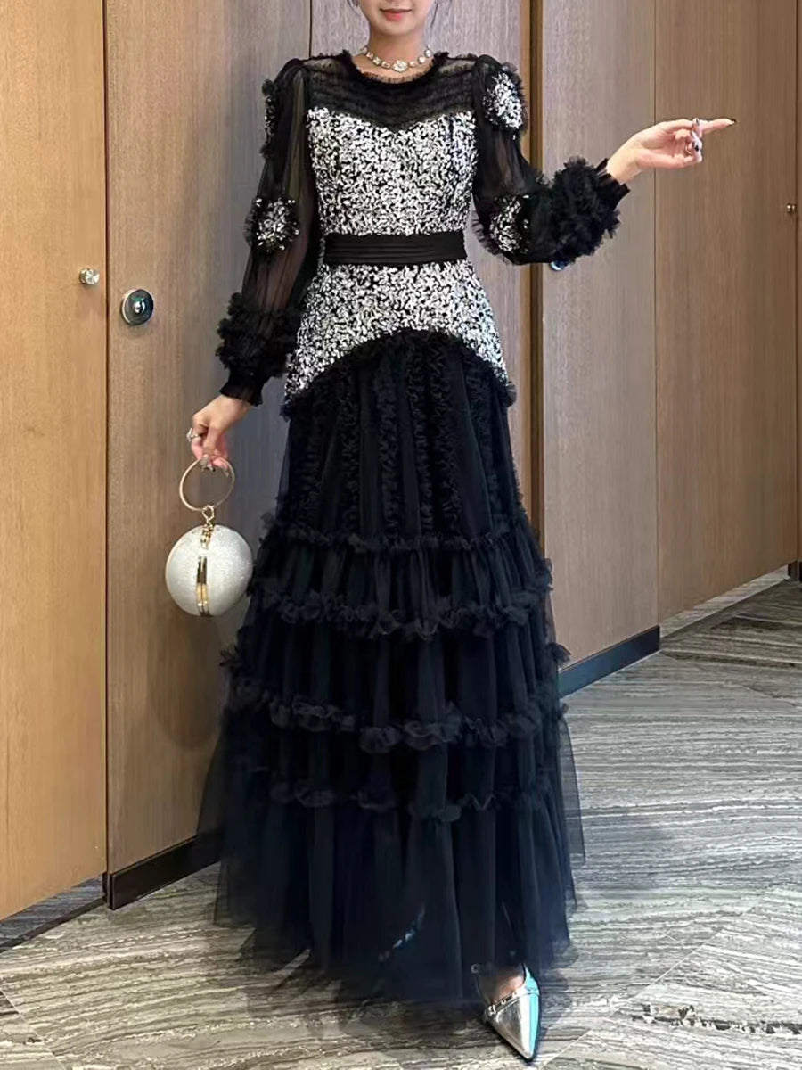 Solid Spliced Bead Luxurious Dresses for Women O Neck Long Sleeves High Waist Sheer Patchwork Fungus Dress Female